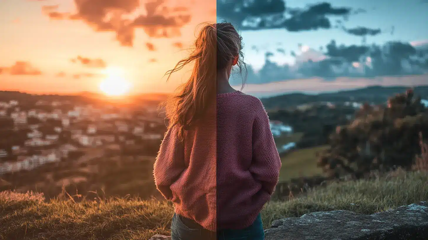 Split-screen image showing a sunset scene with warm tones on the left and cool tones on the right, demonstrating the effect of white balance adjustments.