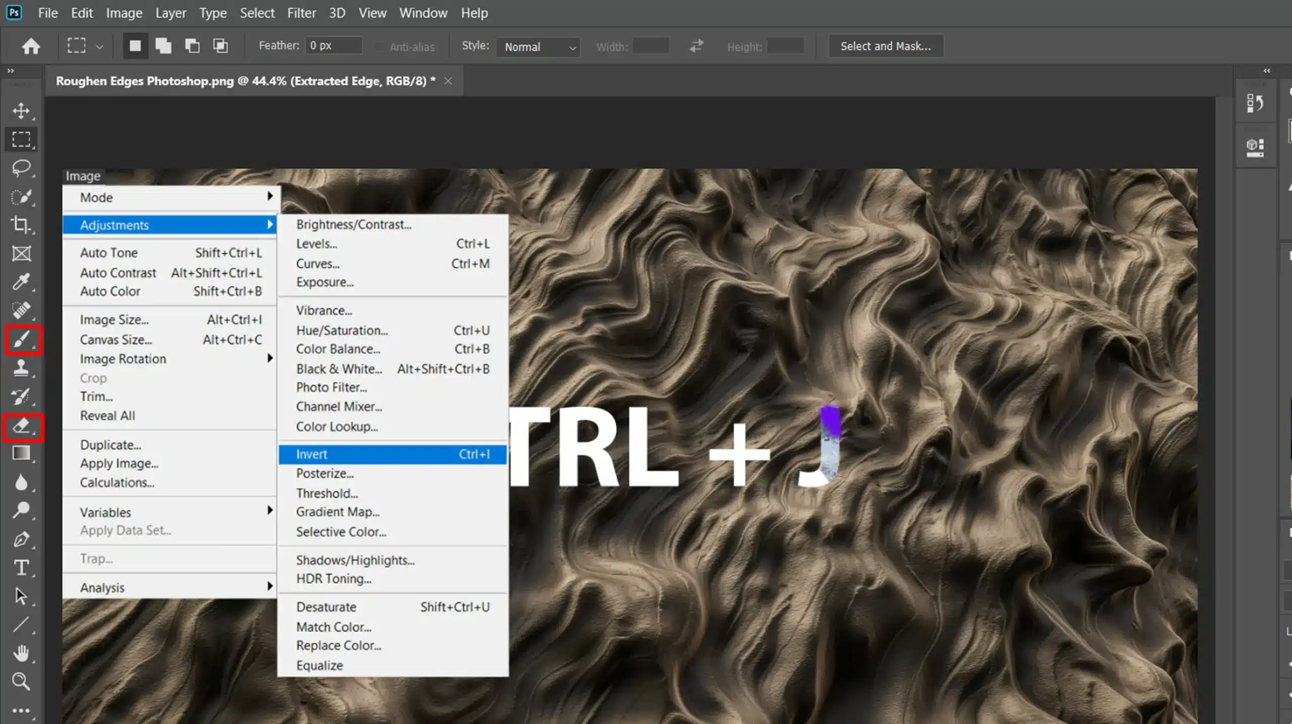 Photoshop interface with adjustment options for fine-tuning effects, including Invert and other adjustments