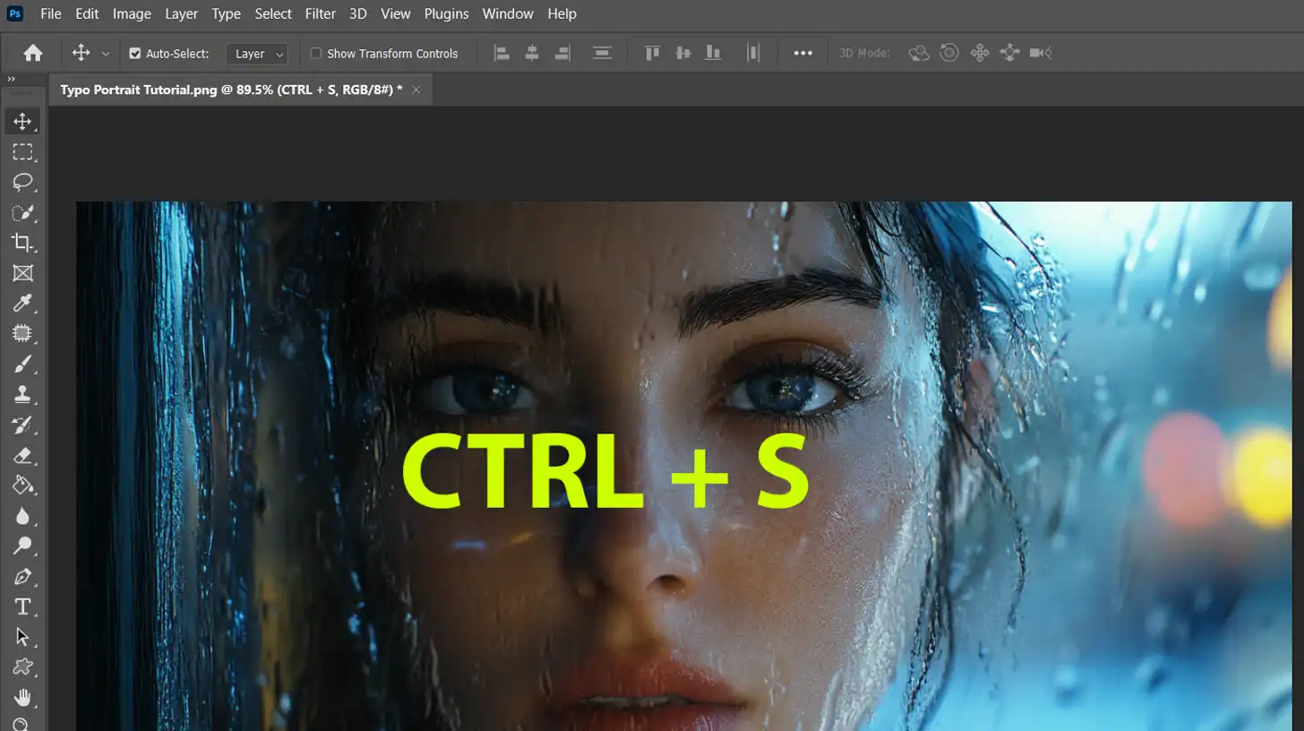 A screenshot of Photoshop with the text "CTRL + S" displayed in large, bright letters over an image of a woman's face