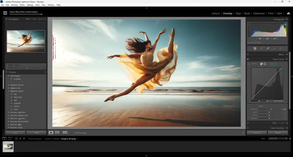 Lightroom interface showing a photo of a dancer mid-air at the beach, highlighting the effect of fast shutter speed to freeze motion.