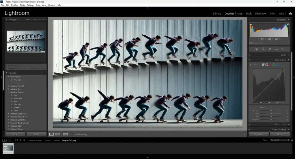 Lightroom interface showing a sequence of skateboarder images demonstrating various stages of a trick, illustrating the effect of different freezing motion.