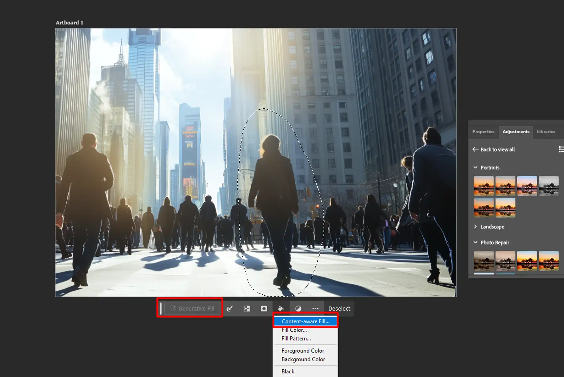 A Photoshop workspace featuring a city street scene with a figure selected for modification using either the Generative Fill or Content-Aware Fill tool.