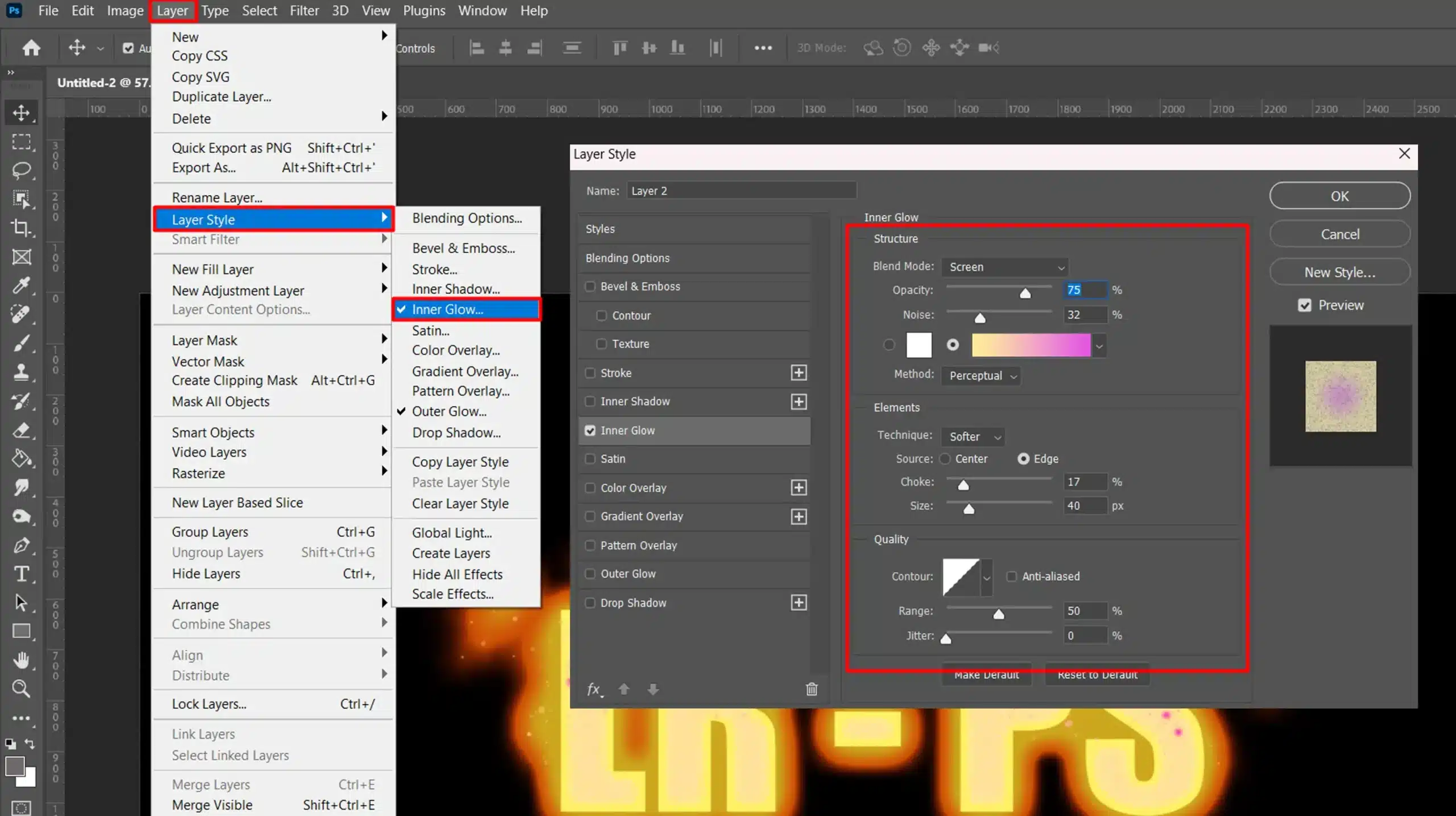 Photoshop interface showing the Layer Style menu with the "Inner Glow" option highlighted for creating flame text and settings for blending, opacity, noise, and technique.