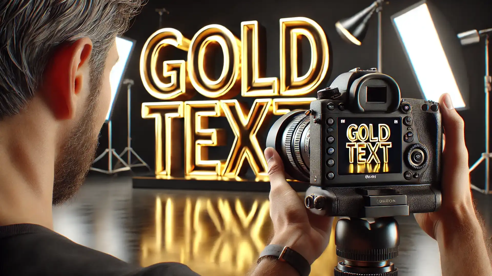 A photographer capturing a shot of bold 3D "Gold Text" displayed in a studio setting. The letters glow with a metallic sheen under bright studio lights, as seen through the camera's viewfinder.