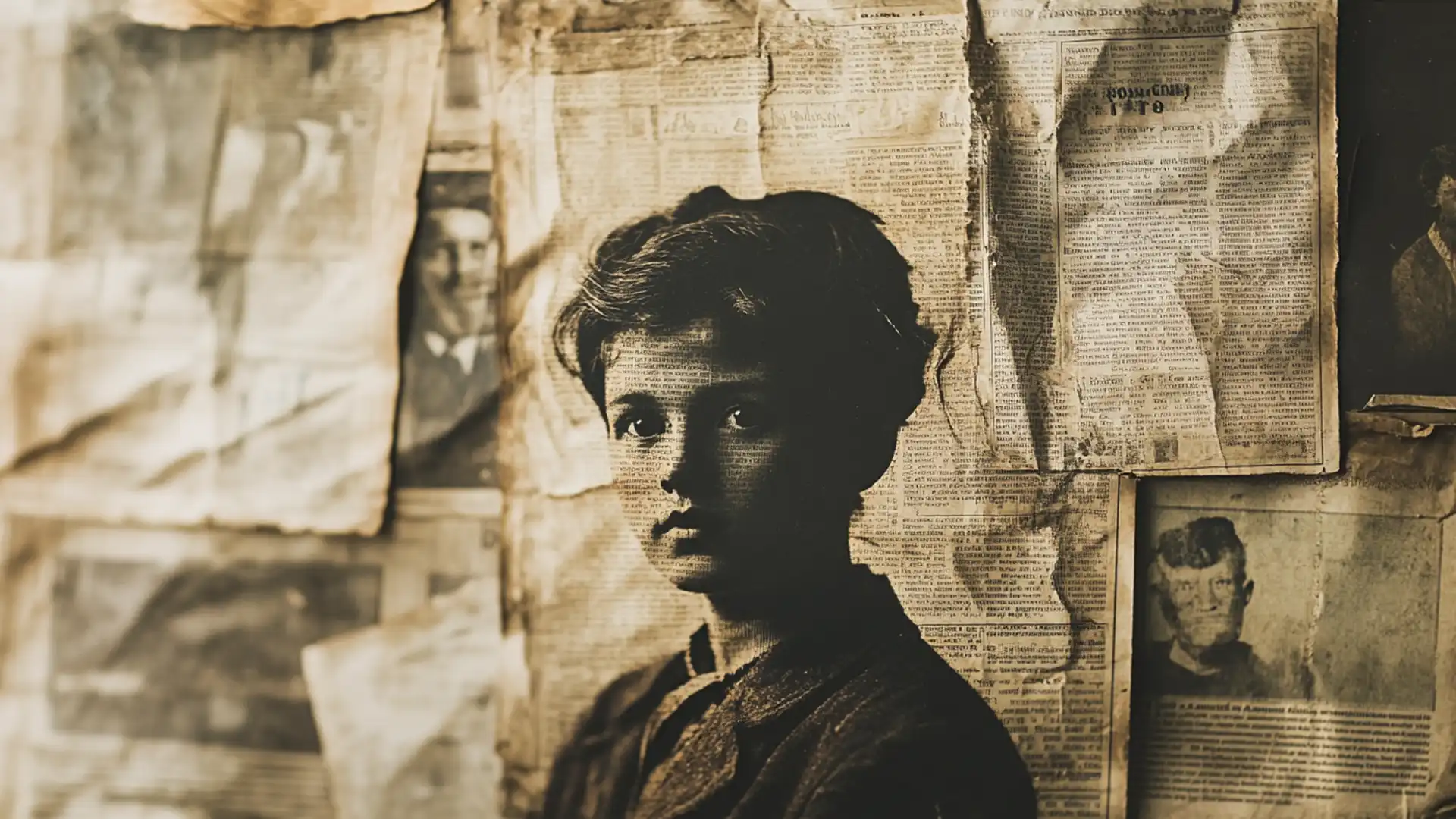 A sepia-toned photograph of a young boy with short hair, set against a background of aged, tattered newspapers. The boy's serious expression is accentuated by the contrast between his dark silhouette and the light background.