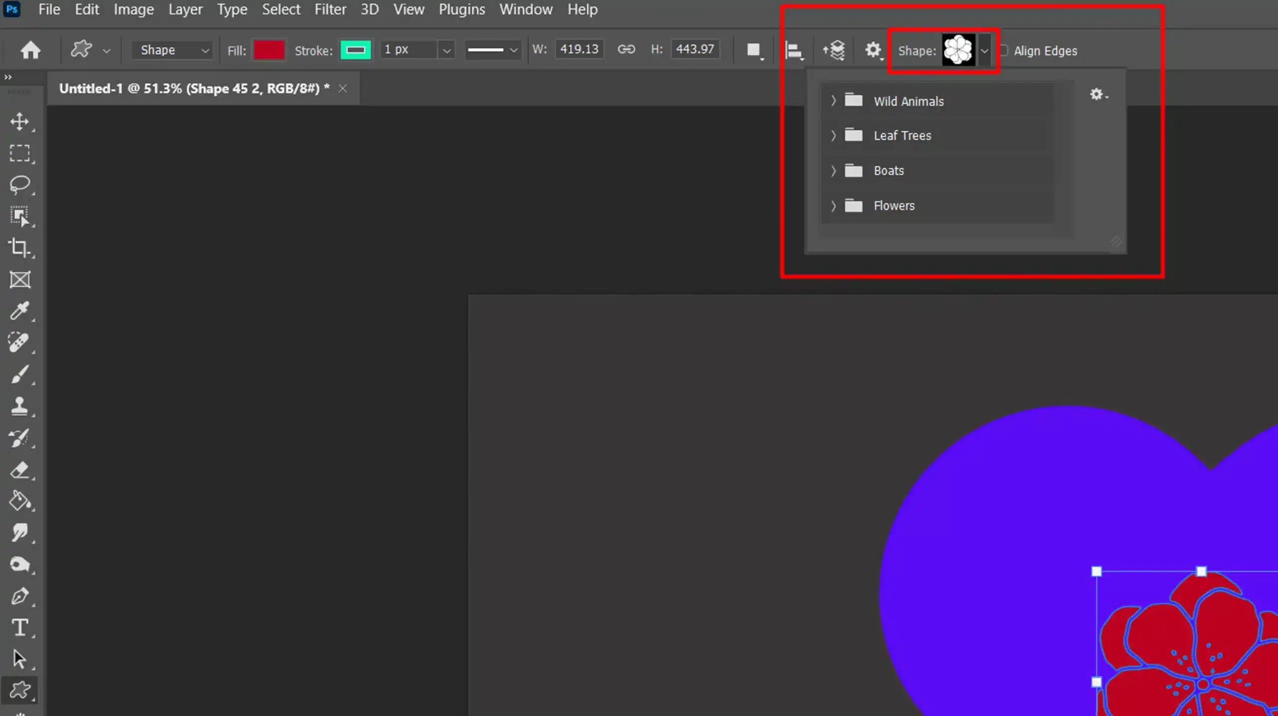 Photoshop interface showing the access to custom shapes through the Custom Shape Picker