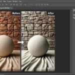 Photoshop interface showing a before and after comparison of How to Add Texture in Photoshop to a surface, with a smooth ball and fabric in front of a textured wall.