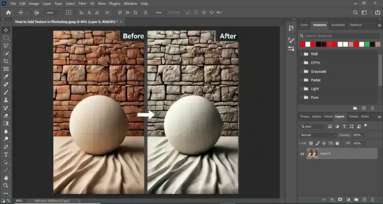 Photoshop interface showing a before and after comparison of How to Add Texture in Photoshop to a surface, with a smooth ball and fabric in front of a textured wall.