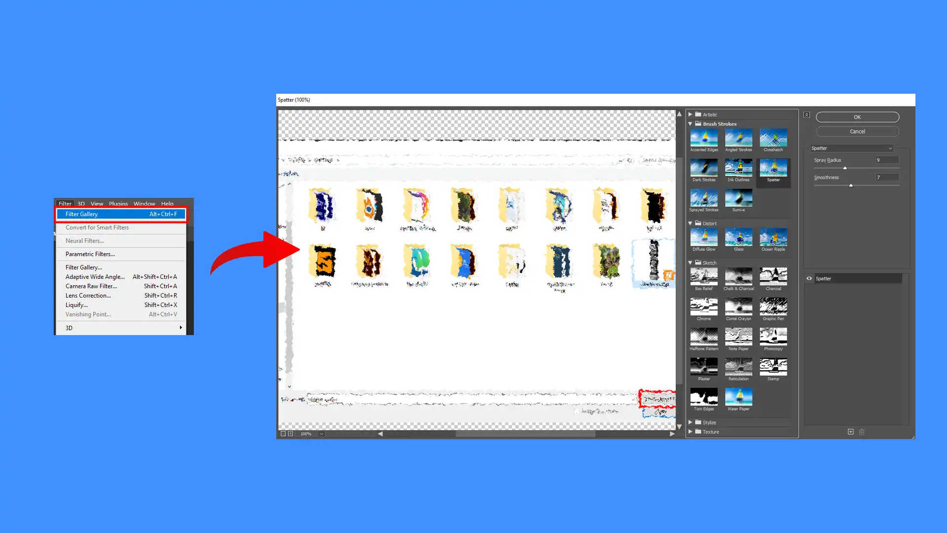 applying filters and effects in Photoshop, showing the filter selection menu and the preview of effects on the selected image.