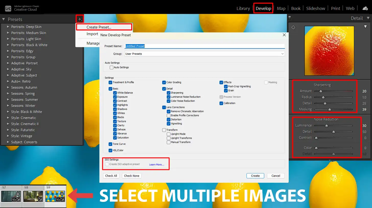 Creating ISO adaptive presets in LR for consistent noise reduction and exposure refinements across multiple images