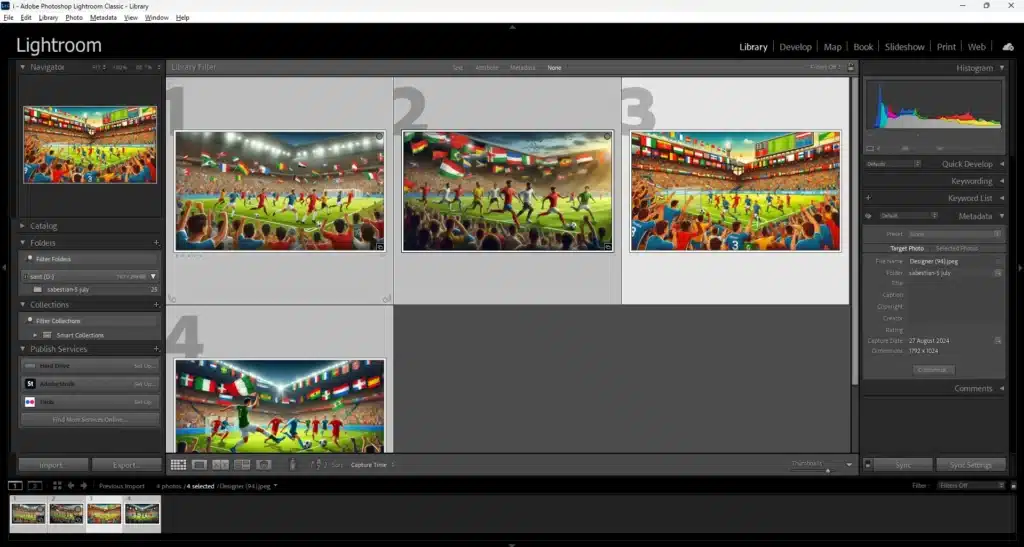 A screenshot of Adobe Lightroom Classic's Library Module displaying four selected images with metadata on the right panel and a catalog folder structure on the left panel.