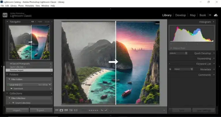 A screenshot of the Lightroom Classic interface showing a comparison of a grainy photo being fixed, with the left side displaying a noisy image and the right side showing a clear, vibrant version.