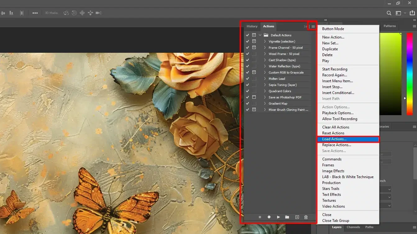 Screenshot of Adobe Photoshop showing the palette with the Load Actions option highlighted.