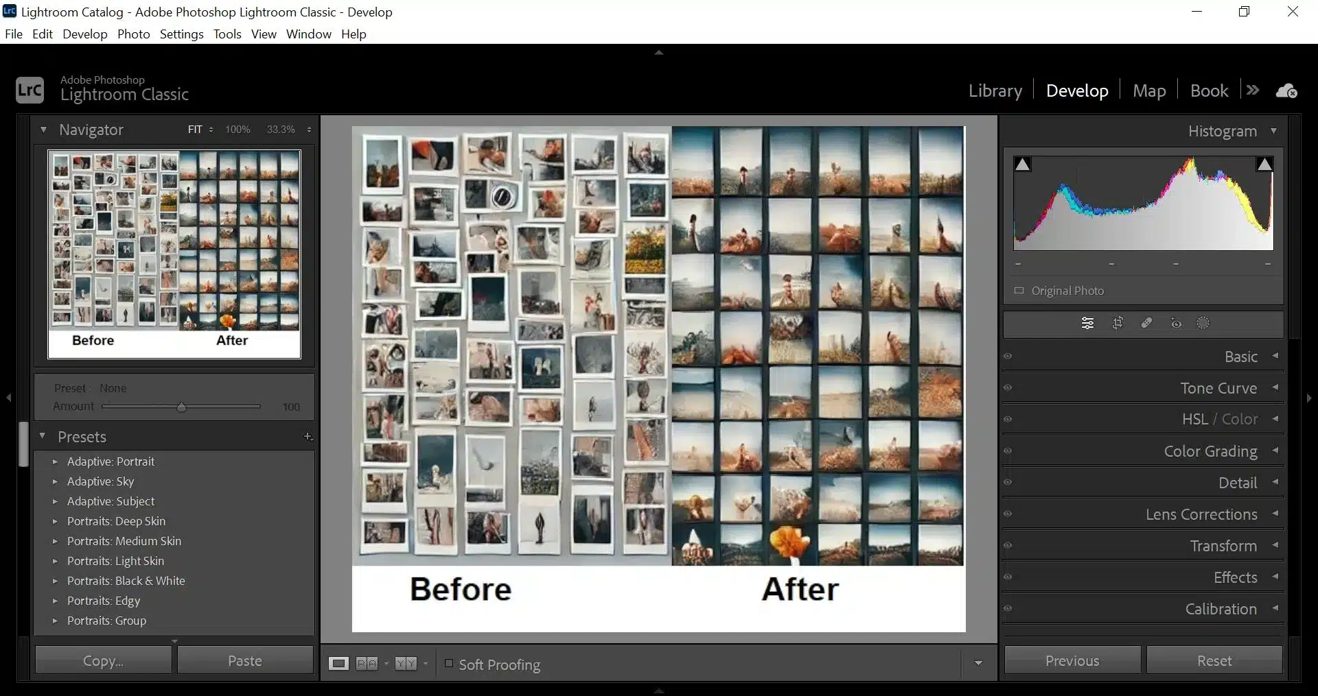 Adobe Lightroom interface showing a before and after comparison of How to Make a Photo Grid in Lightroom. The left side displays disorganized images, while the right side shows a neatly arranged Lightroom Photo Grid.