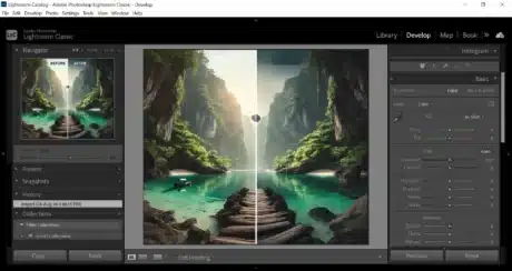 A Lightroom interface showing a comparison of merged photos, with the left side displaying individual images and the right side showing the seamlessly merged result.