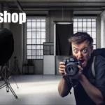 A photographer holding a camera with an exaggerated facial expression in a professional studio, emphasizing creative editing techniques. The studio is equipped with lighting gear and backdrops, illustrating a typical photography setup for Photoshop work.