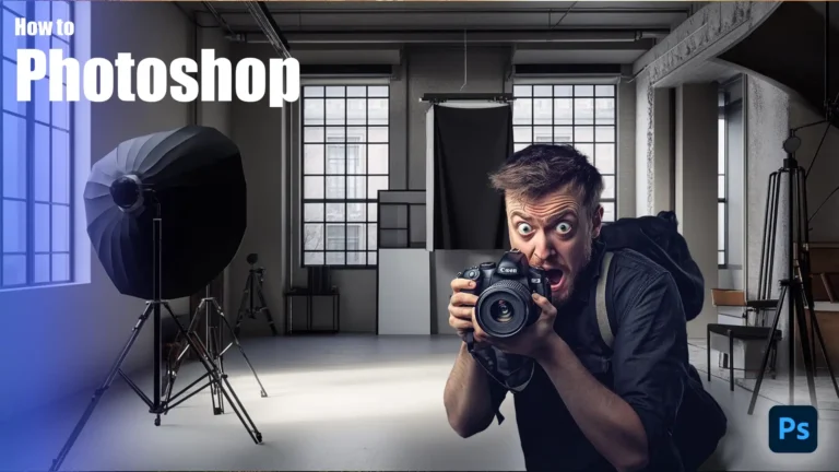 A photographer holding a camera with an exaggerated facial expression in a professional studio, emphasizing creative editing techniques. The studio is equipped with lighting gear and backdrops, illustrating a typical photography setup for Photoshop work.