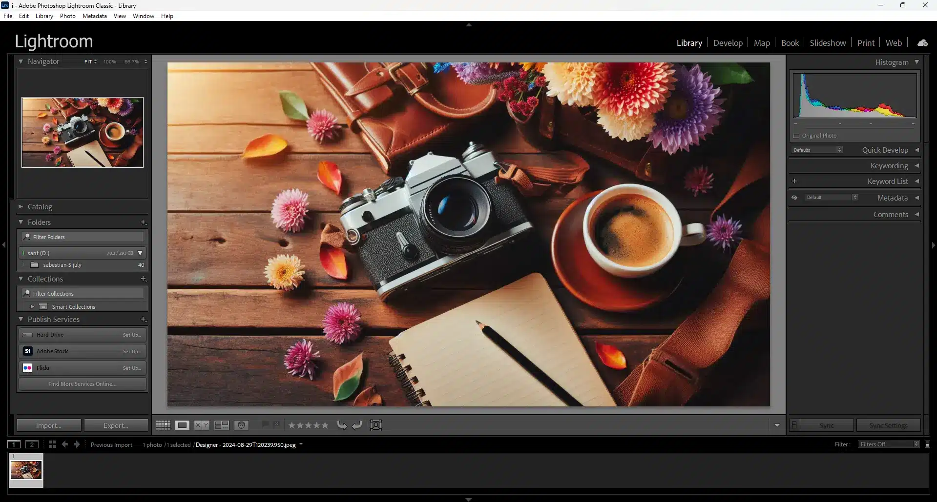 Lightroom Classic interface displaying a photo of a vintage camera, flowers, and coffee on a wooden table, with editing tools visible.