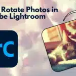 Illustration showing how to rotate photos in Adobe Lightroom, featuring a cat photo being rotated with the Lightroom Classic (LrC) logo.