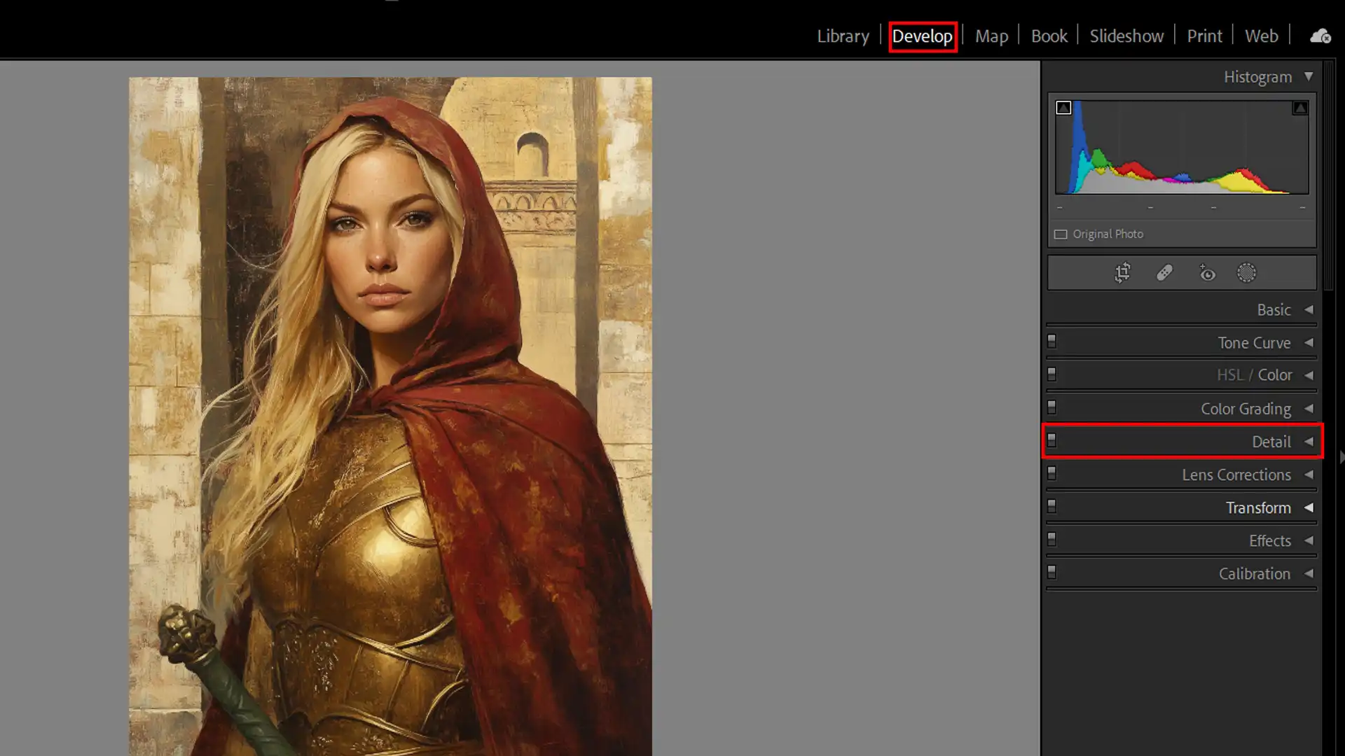 A detailed image demonstrating how to sharpen photos in Lightroom, featuring a side-by-side interface with a woman in a red hood and armor on the left and sharpening controls on the right.