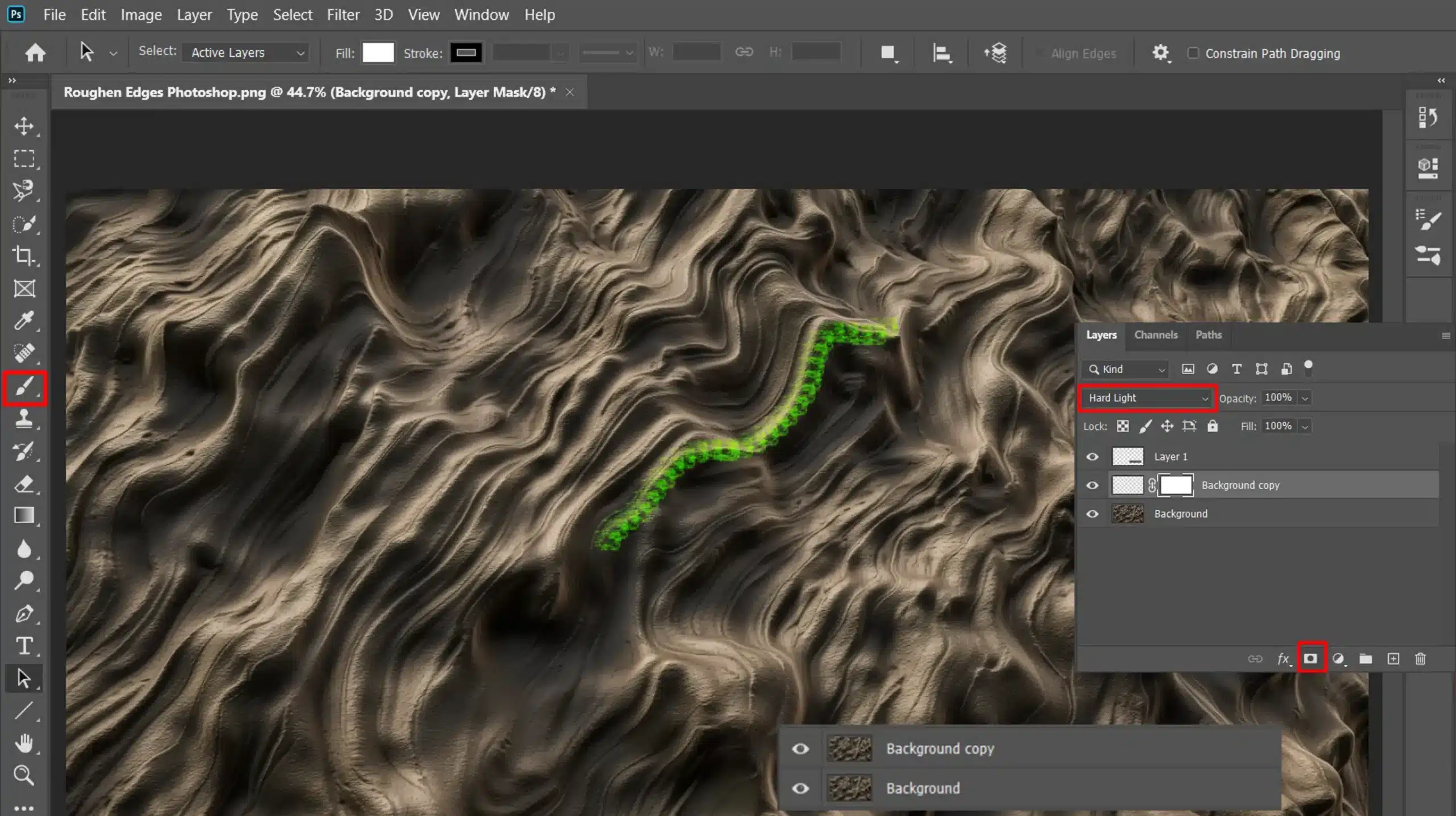Photoshop interface displaying the Layers panel and Brush Tool with a roughened texture applied