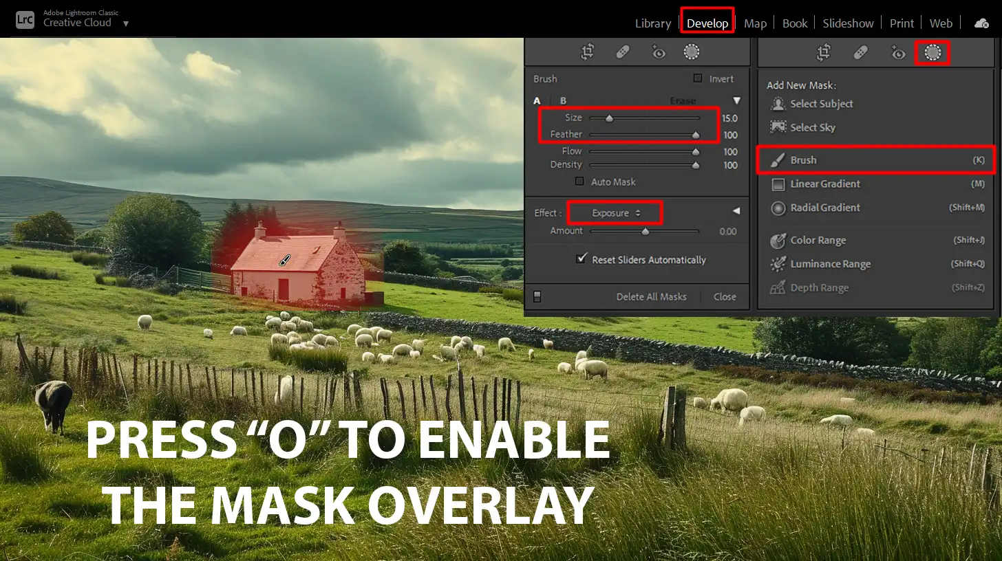 Adjustment Brush settings in Lightroom showing exposure adjustments for lighting and darkening