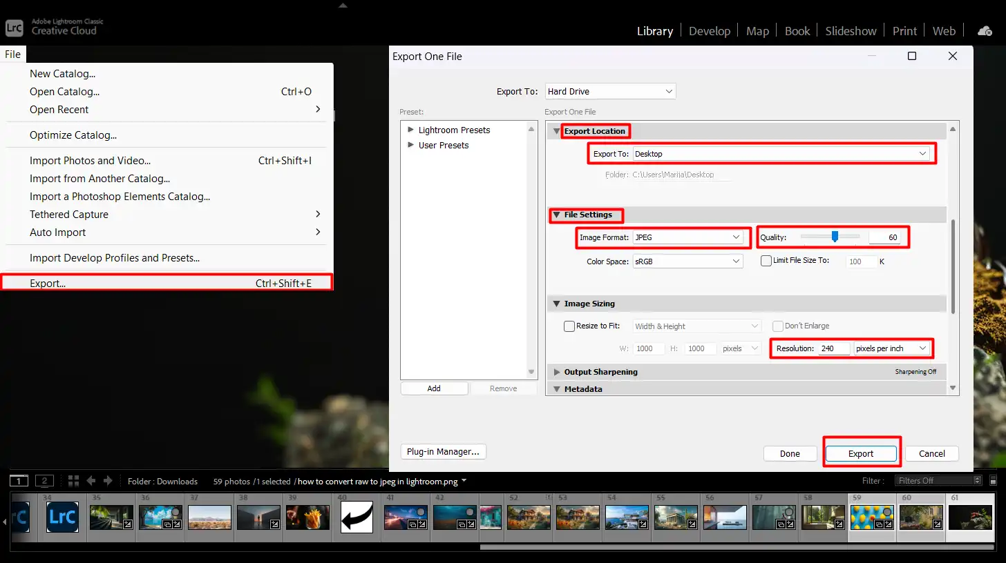 How to convert RAW to JPEG in Lightroom