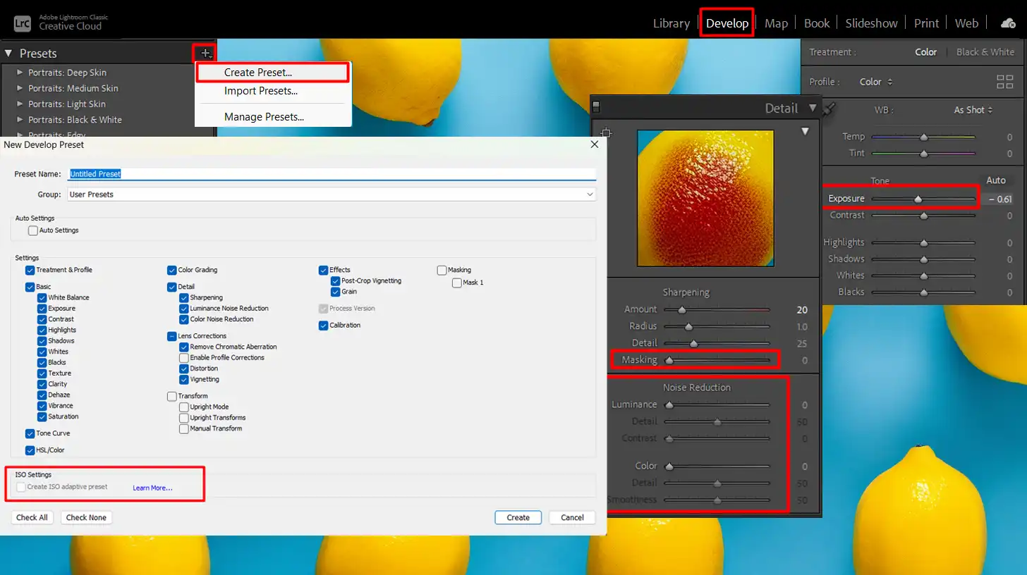 Overview of ISO refinements in Lightroom, showcasing the Develop Module's exposure and noise reduction controls