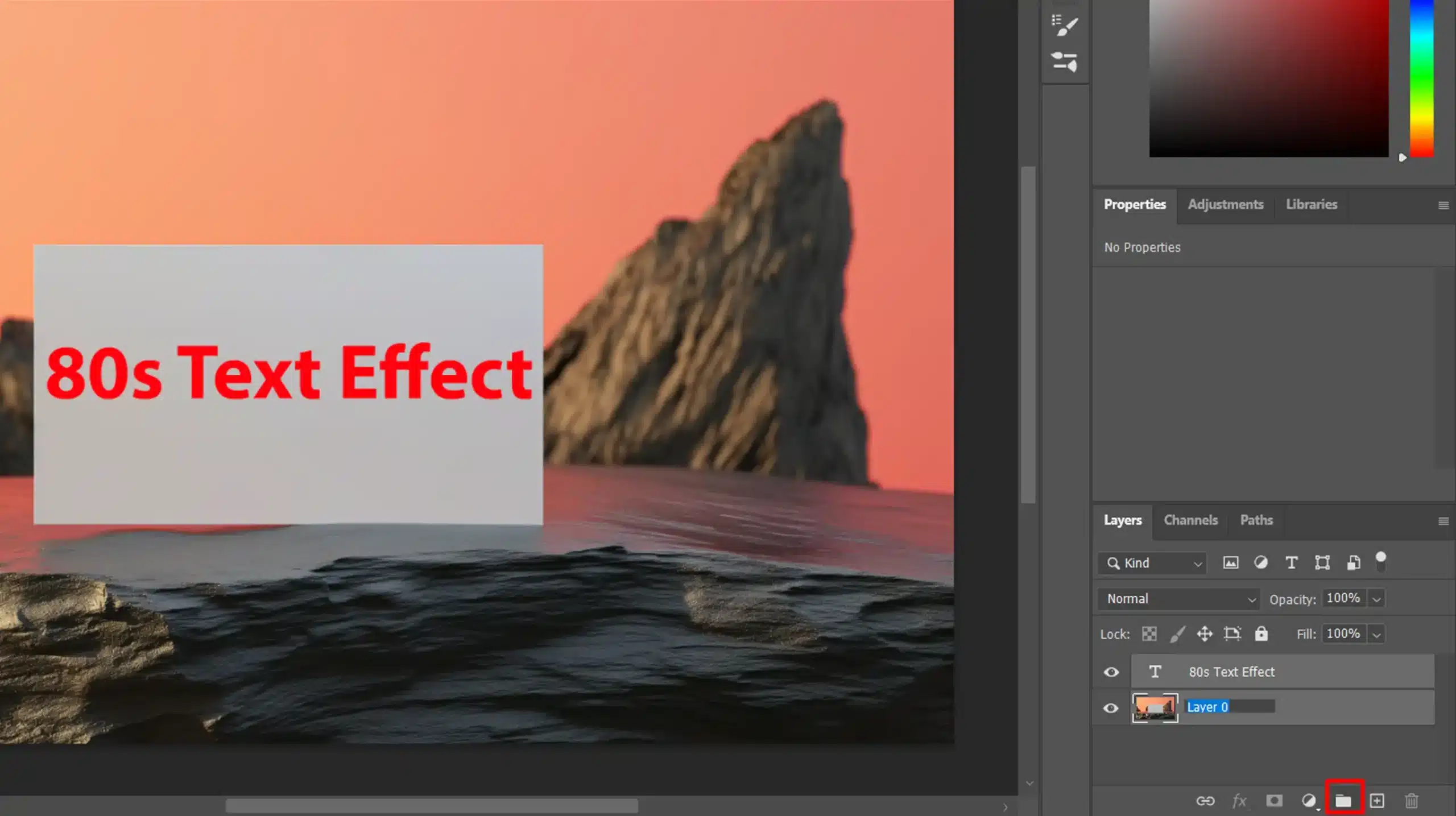 Photoshop workspace showing a text layer titled "80s Text Effect" with red font on a blank white background, ignoring the layer below it