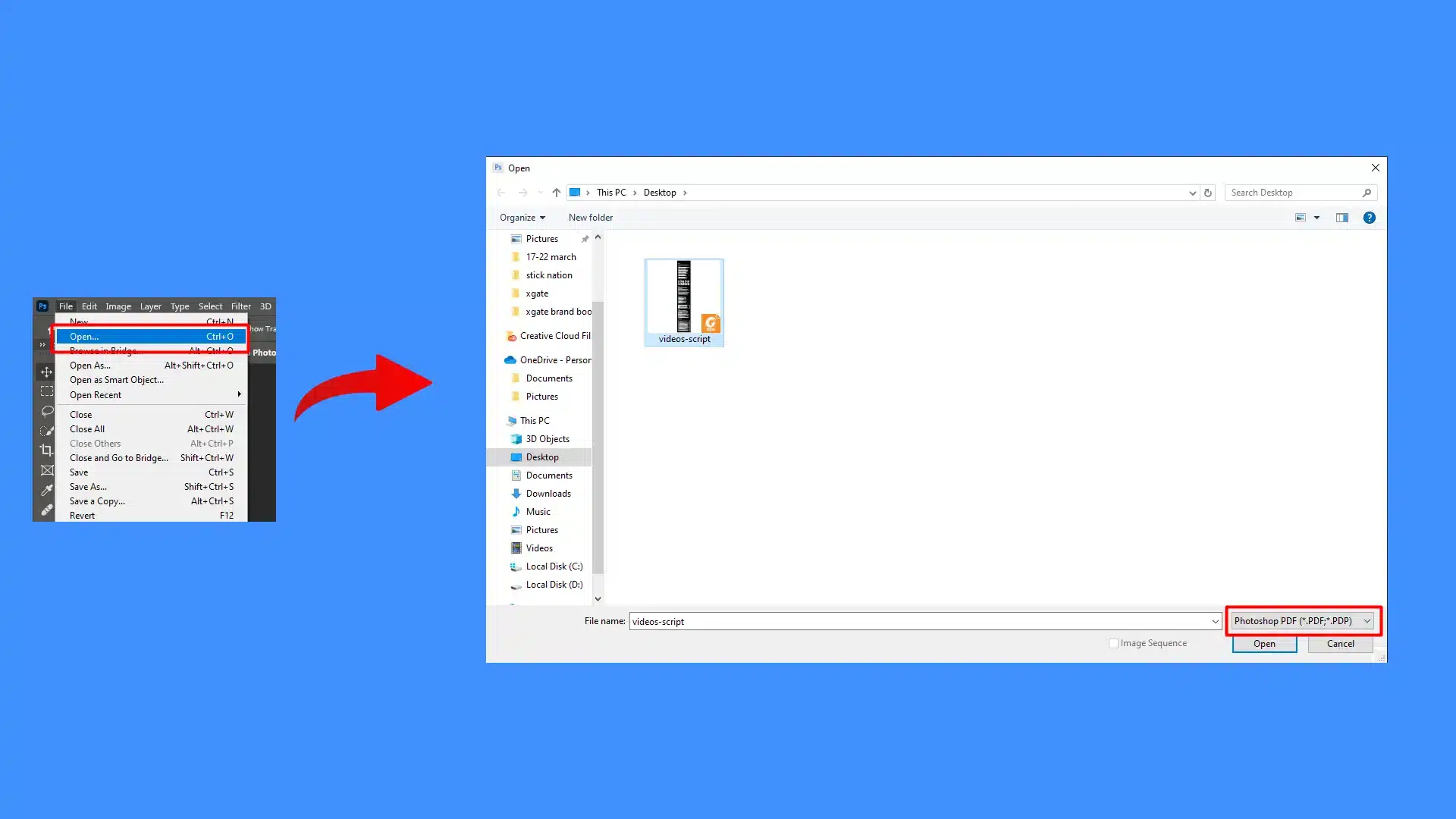 importing a PDF file into Photoshop, showing the 'Open' menu and the file explorer window where the PDF file is selected.