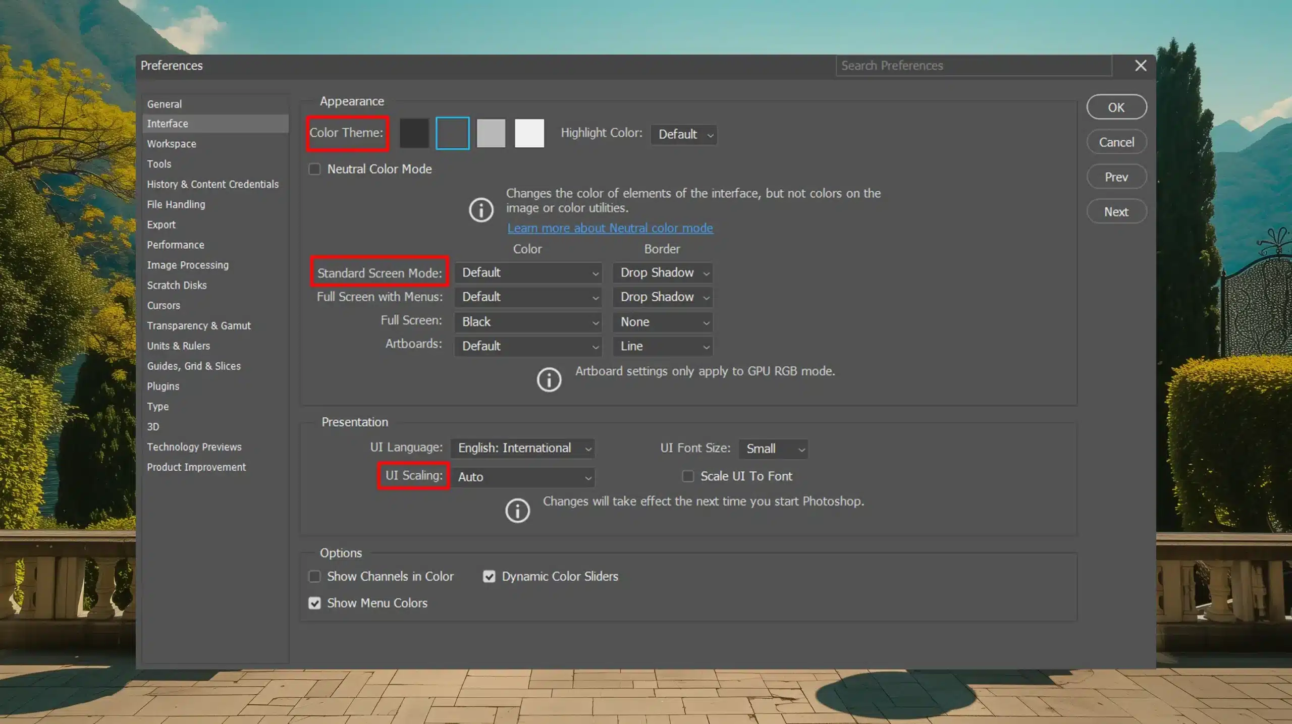 Photoshop Interface Preferences dialog box with color theme, screen mode, and UI scaling options highlighted