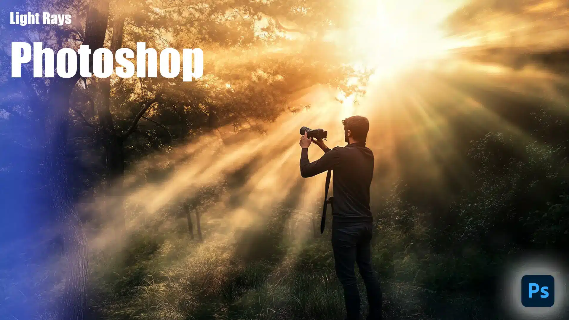 A photographer in a forest captures sunlight streaming through trees, creating dramatic light rays. The bright beams and shadows highlight the use of light rays Photoshop effects.