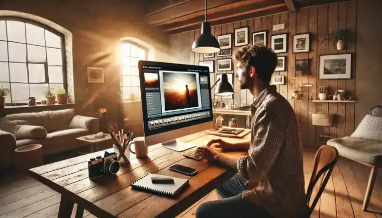 A photographer working in Lightroom creating a double exposure effect on a computer screen in a cozy, well-lit workspace with neutral earthy tones. The screen shows two photos merging into an artistic double exposure image.