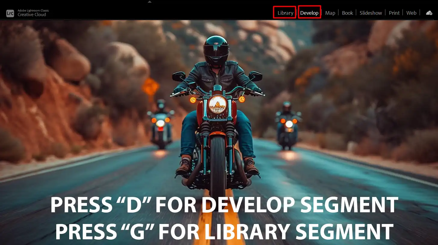 LR interface showing keyboard shortcuts for quick navigation between Develop and Library modules