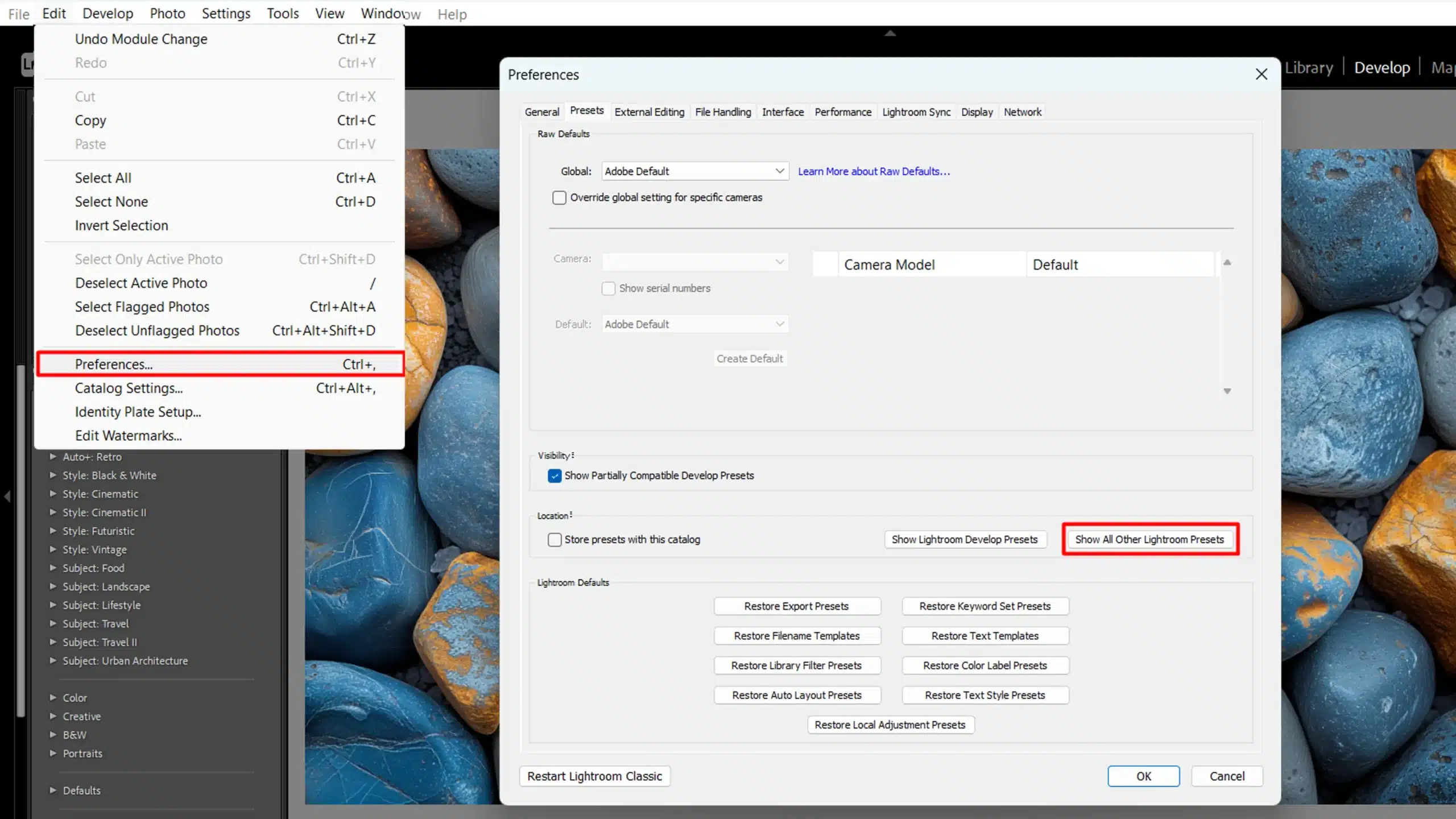 Lightroom Classic Preferences window showing the option to locate the Lightroom Presets Folder