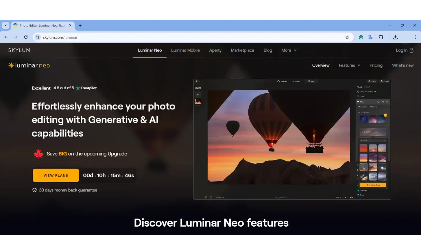 Luminar Neo interface showcasing photo refining features