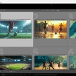 A screenshot of Adobe Lightroom Classic's Library Module displaying six selected football match images, with metadata visible on the right panel and the catalog structure on the left panel.