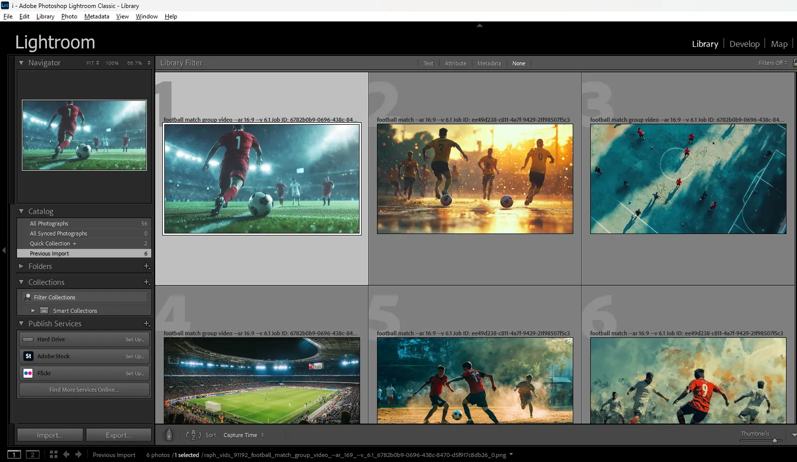 A screenshot of Adobe Lightroom Classic's Library Module displaying six selected football match images, with metadata visible on the right panel and the catalog structure on the left panel.