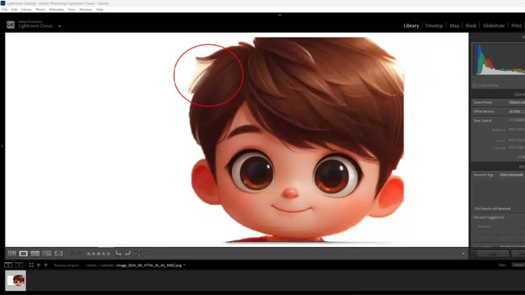 Screenshot showing the Brush Select Mode in Lightroom being used to refine the selection around the hair of a cartoon character.