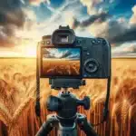 Camera on a tripod capturing a golden wheat field at sunset, showcasing the relationship between exposure settings and creative photography.