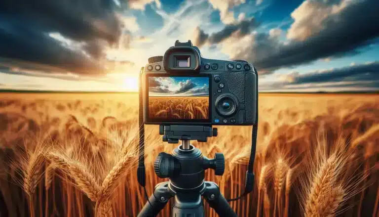 Camera on a tripod capturing a golden wheat field at sunset, showcasing the relationship between exposure settings and creative photography.