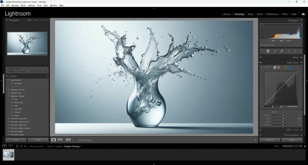 Lightroom interface displaying a high-speed photograph of water splashing out of a glass vase, illustrating the challenges of freezing motion and the solutions used to achieve sharp, clear results.