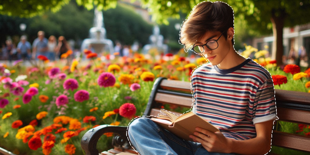 Screenshot showing a portrait of a person reading a book on a bench, isolated from a colorful garden background using Lightroom’s selection techniques.