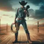 A photographer dressed as a cowboy holding a camera and a lasso, standing on a wooden bridge under a dramatic sky.