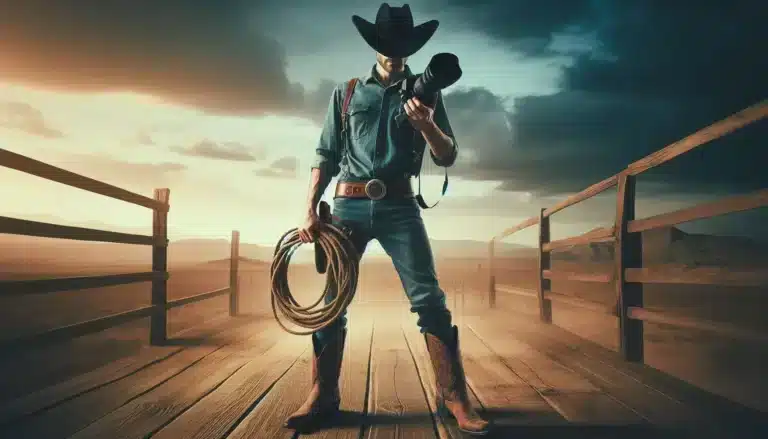 A photographer dressed as a cowboy holding a camera and a lasso, standing on a wooden bridge under a dramatic sky.