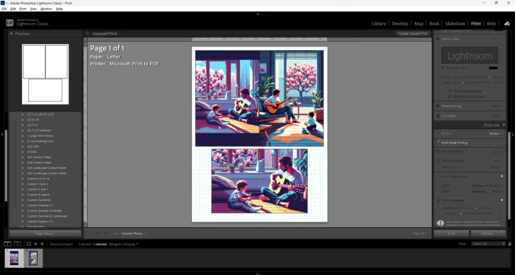 This picture is showing the Print Module with a custom lightroom collage template featuring a father and son playing guitar.