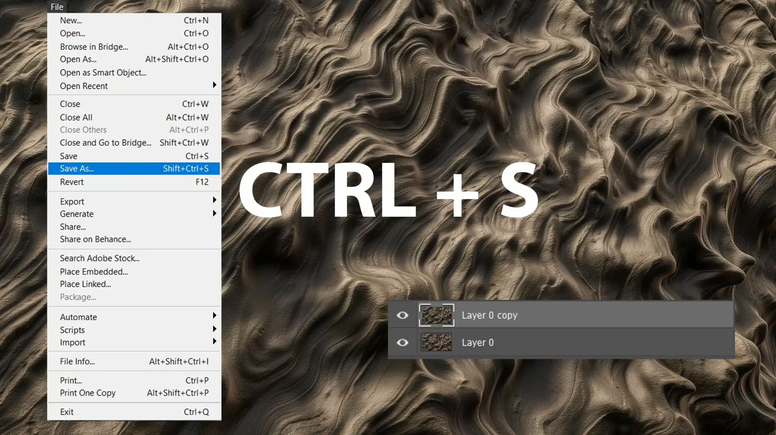 Photoshop menu showing the 'Save As' option highlighted with a shortcut reminder 'CTRL + S