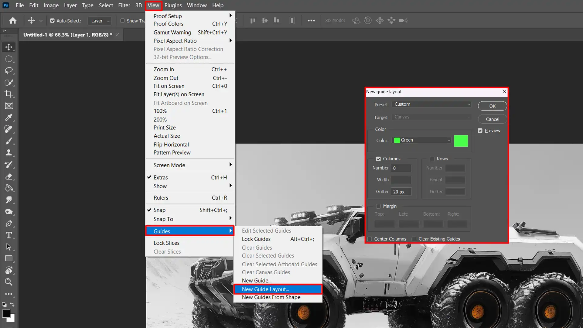 A screenshot of the with menu open, highlighting the new guide layout option, with a white vehicle displayed in the document window.
