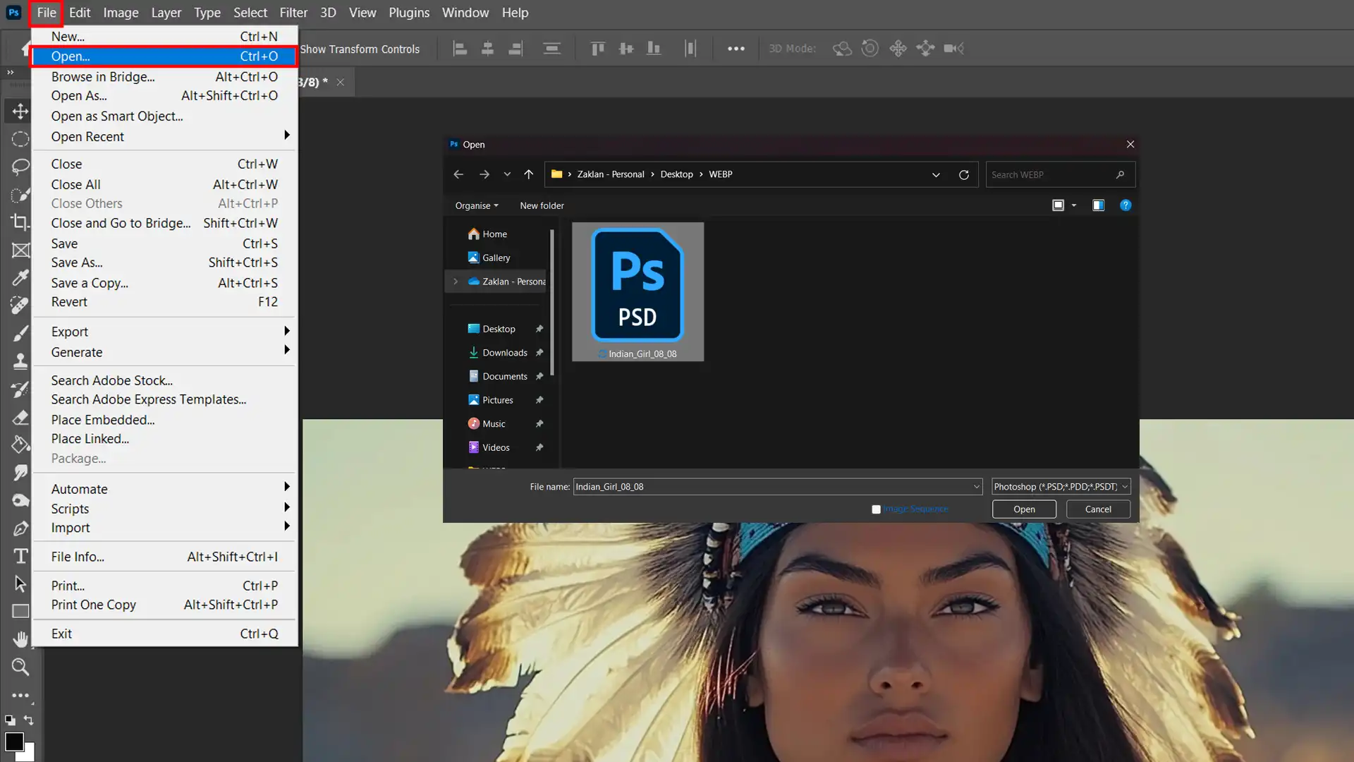A screenshot of the 'Open' dialog box with a PSD file named "Indian_Girl_08_08" selected.