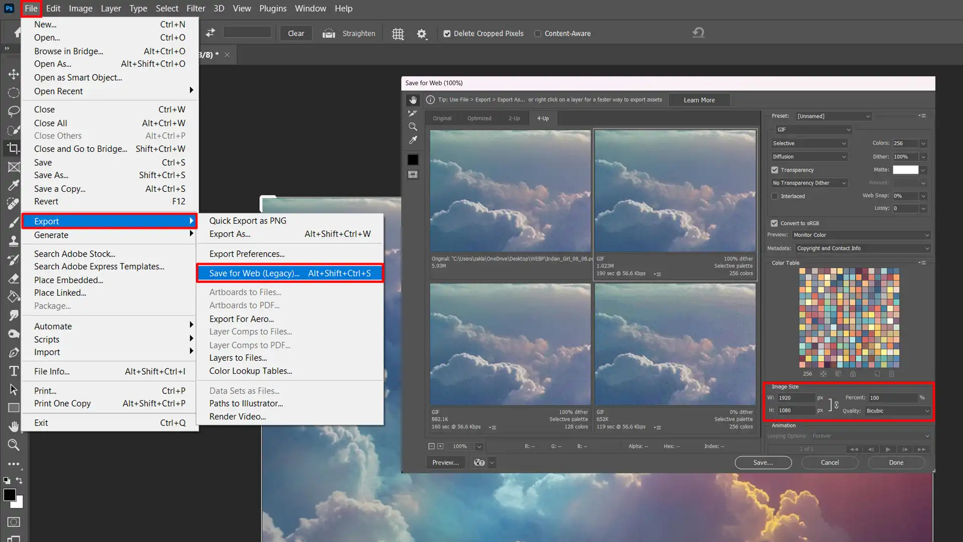 A series of Photoshop interface screenshots detailing the process of resizing and exporting images, accompanied by a diagram that explains screen resolution and pixel dimensions, with a focus on the standard 72 pixels per inch.